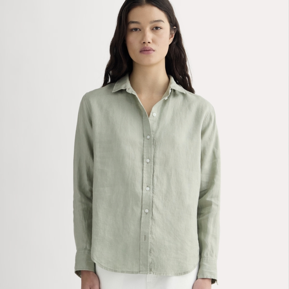 Classic Button-Front Linen Shirt - Sage Green